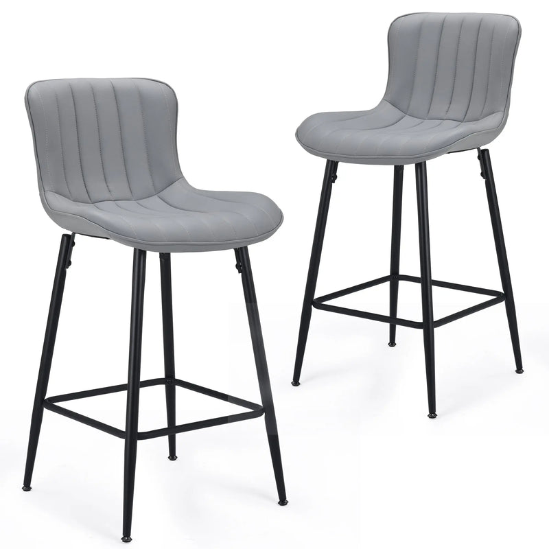 Set of Two 27" Gray and Black Faux Leather and Metal Low Back Counter Height Bar Chairs Homeroots Living Room