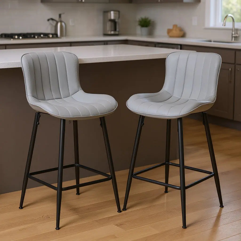Set of Two 27" Gray and Black Faux Leather and Metal Low Back Counter Height Bar Chairs Homeroots Living Room