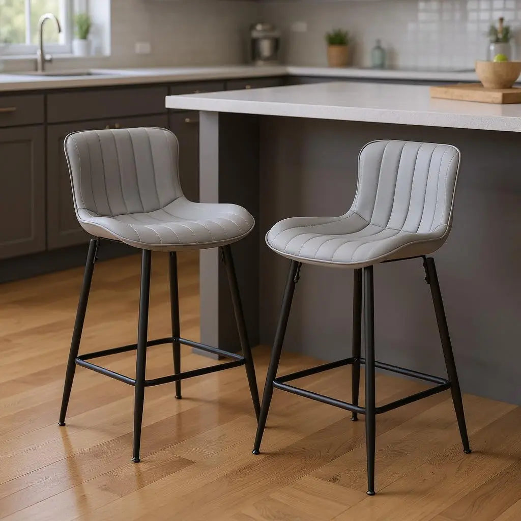 Set of Two 27" Gray and Black Faux Leather and Metal Low Back Counter Height Bar Chairs Homeroots Living Room