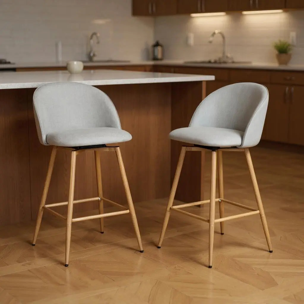 Set of Two 27" Gray and Oak Fabric and Metal Low Back Counter Height Swivel Bar Chairs Homeroots Living Room