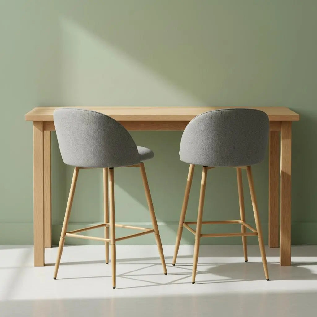 Set of Two 27" Gray and Oak Fabric and Metal Low Back Counter Height Swivel Bar Chairs Homeroots Living Room
