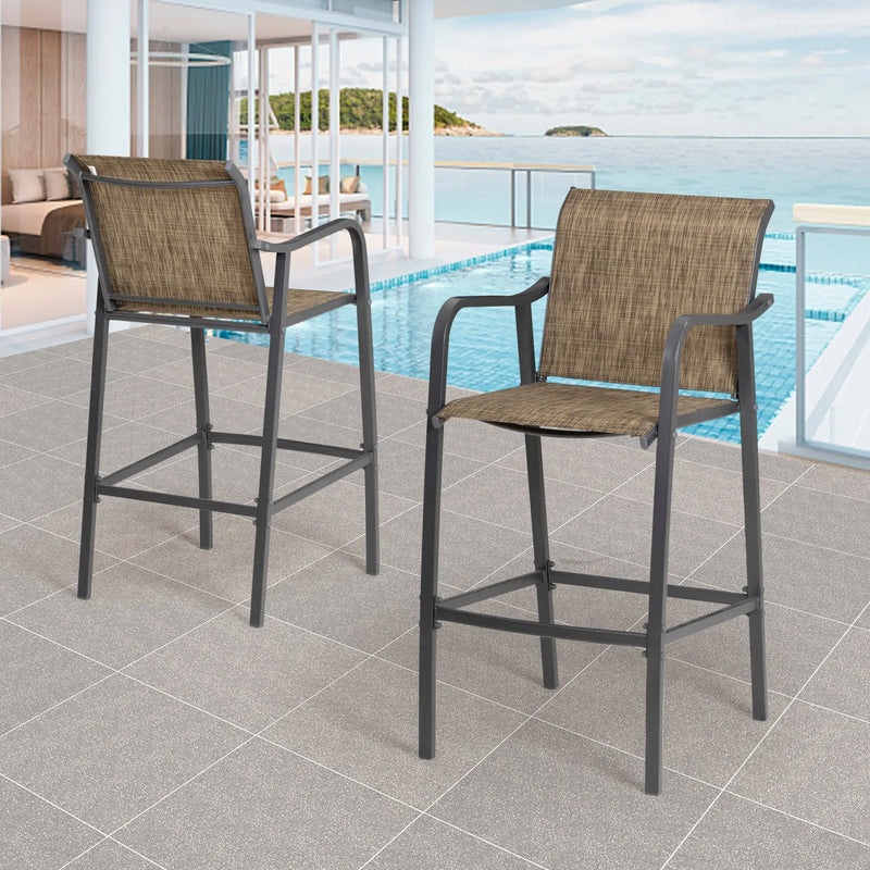 Set of Two 28" Gray and Brown Steel Outdoor Bar Height Chairs with Footrest Homeroots Outdoor