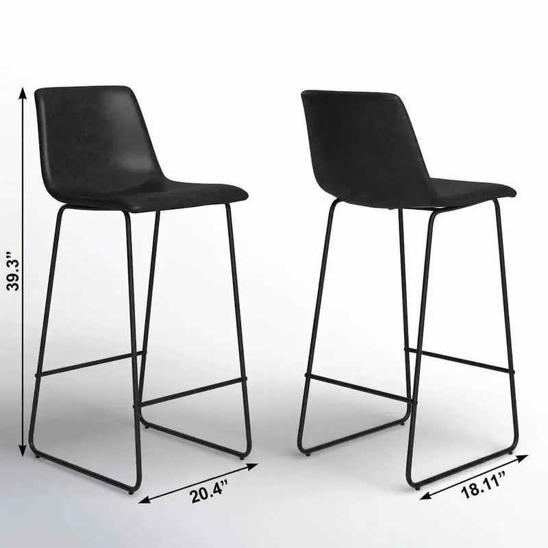 Set of Two 29" Black Faux Leather and Aluminum Bar Height Bar Chairs Homeroots Living Room