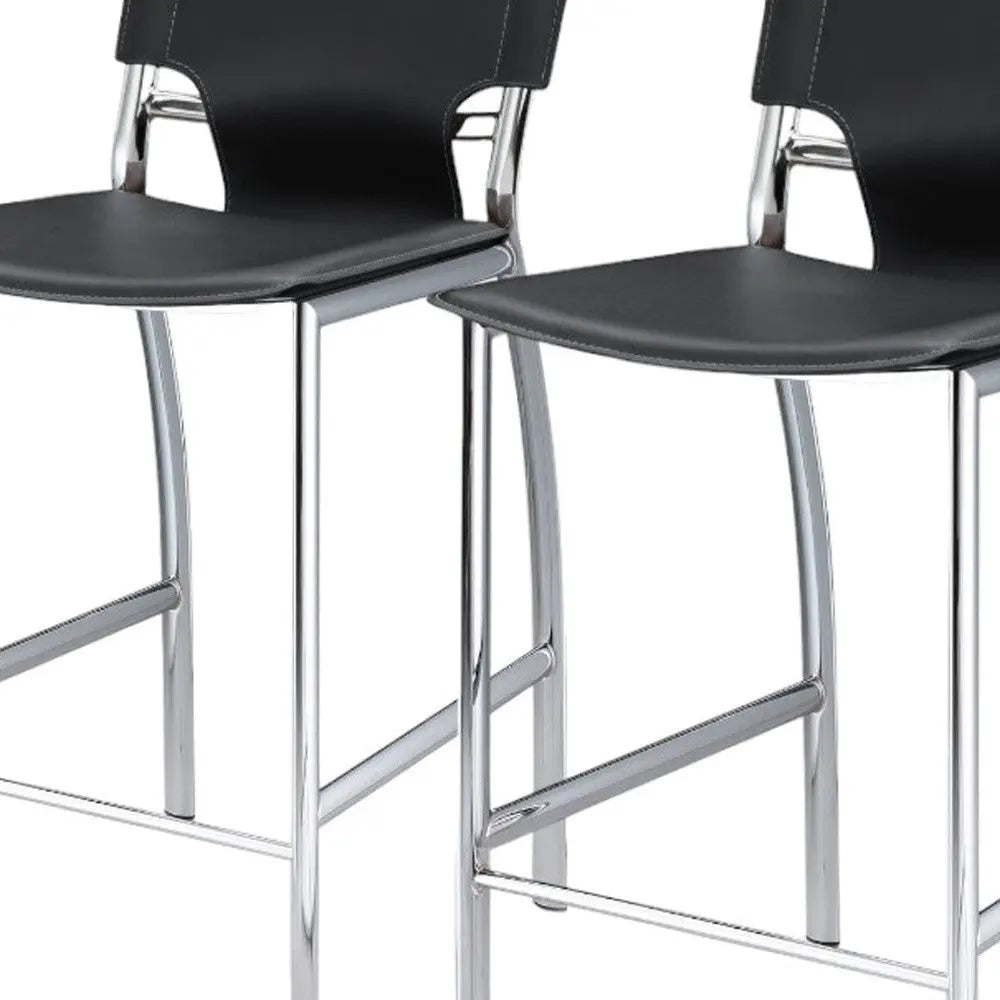 Set of Two 29" Black and Silver Metal and Faux Leather Low Back Bar Height Bar Chairs Homeroots Living Room