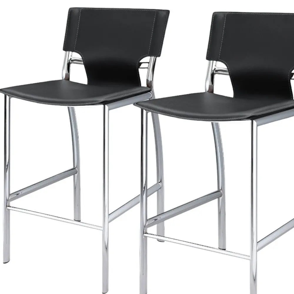 Set of Two 29" Black and Silver Metal and Faux Leather Low Back Bar Height Bar Chairs Homeroots Living Room