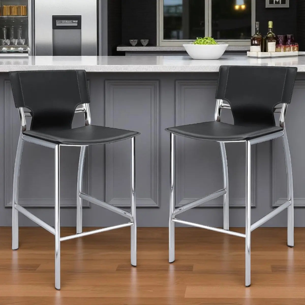 Set of Two 29" Black and Silver Metal and Faux Leather Low Back Bar Height Bar Chairs Homeroots Living Room