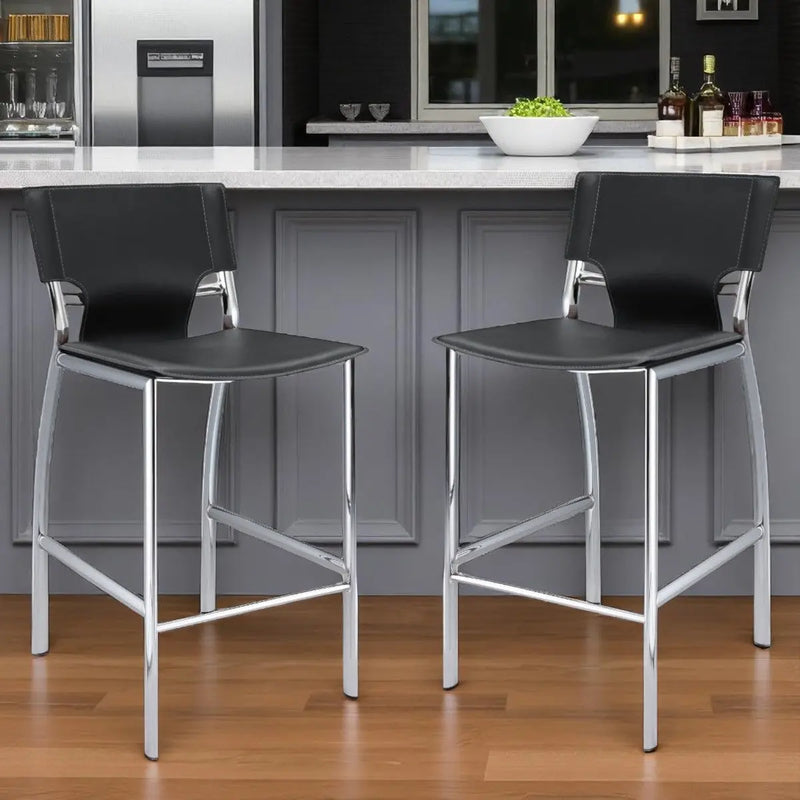 Set of Two 29" Black and Silver Metal and Faux Leather Low Back Bar Height Bar Chairs Homeroots Living Room