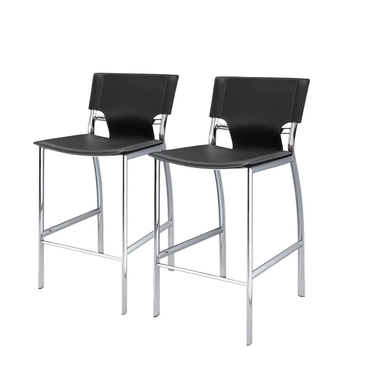 Set of Two 29" Black and Silver Metal and Faux Leather Low Back Bar Height Bar Chairs Homeroots Living Room