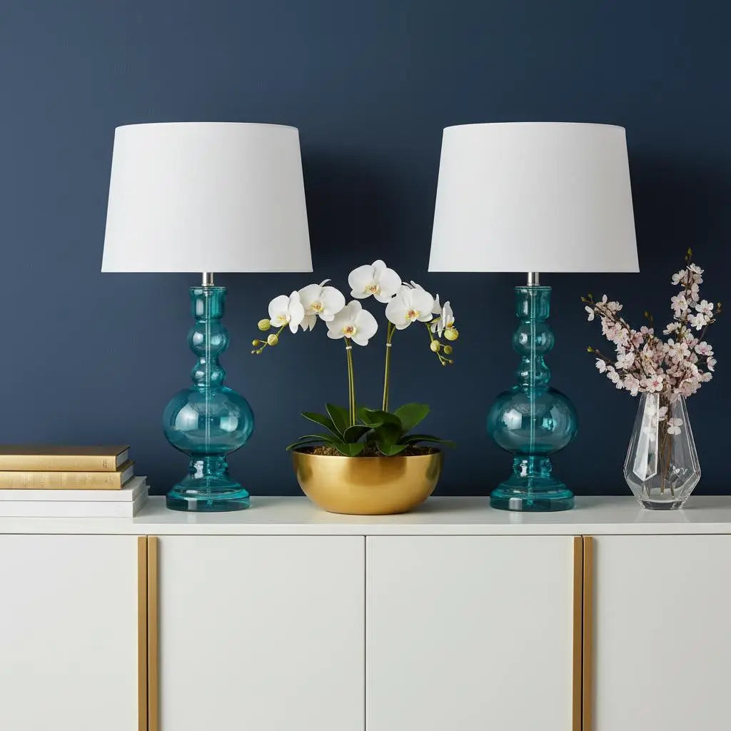 Set of Two 29" Blue Urn Table Lamps With Drum Shades Homeroots Lighting