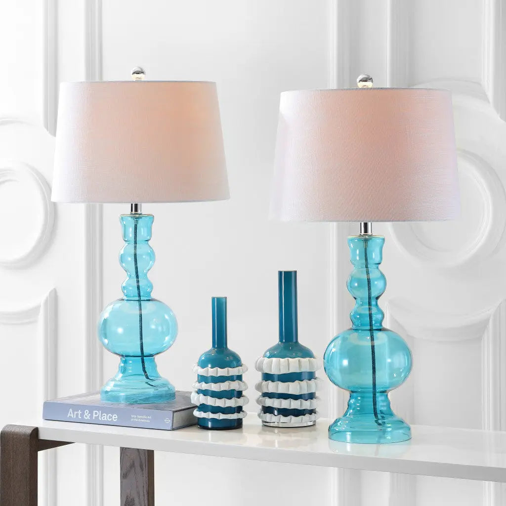 Set of Two 29" Blue Urn Table Lamps With Drum Shades Homeroots Lighting