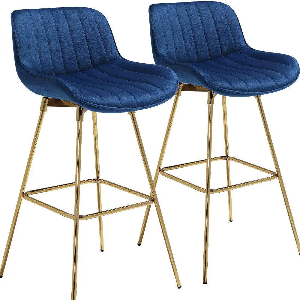 Set of Two 29" Blue and Gold Velvet and Metal Low Back Bar Height Swivel Bar Chairs Homeroots Living Room
