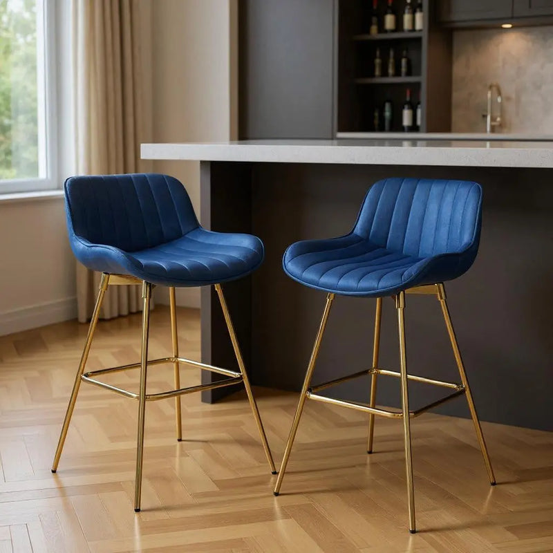 Set of Two 29" Blue and Gold Velvet and Metal Low Back Bar Height Swivel Bar Chairs Homeroots Living Room
