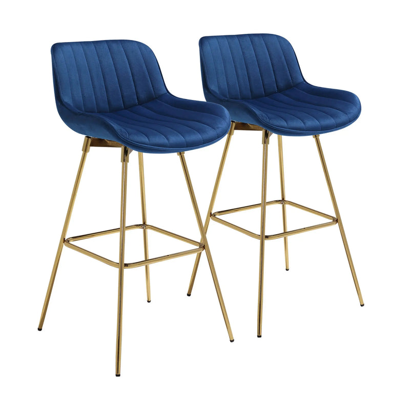 Set of Two 29" Blue and Gold Velvet and Metal Low Back Bar Height Swivel Bar Chairs Homeroots Living Room