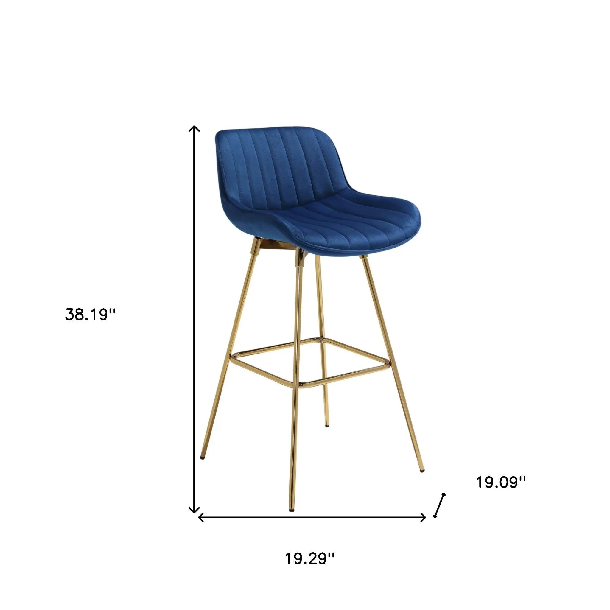 Set of Two 29" Blue and Gold Velvet and Metal Low Back Bar Height Swivel Bar Chairs Homeroots Living Room