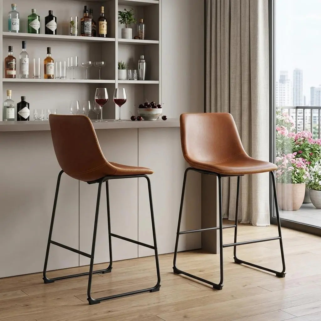 Set of Two 29" Brown and Black Faux Leather and Aluminum Bar Height Bar Chairs Homeroots Living Room