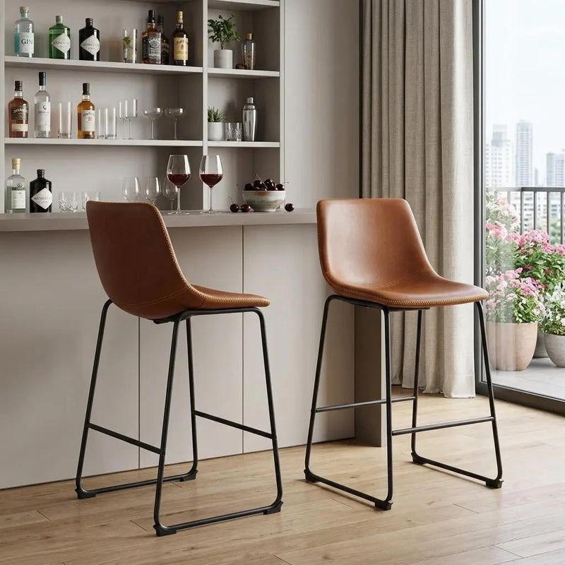 Set of Two 29" Brown and Black Faux Leather and Aluminum Bar Height Bar Chairs Homeroots Living Room