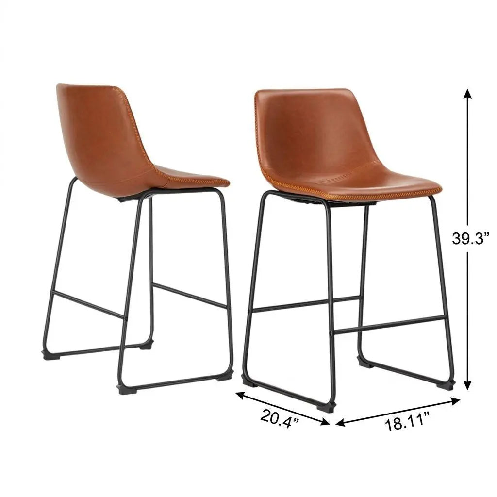 Set of Two 29" Brown and Black Faux Leather and Aluminum Bar Height Bar Chairs Homeroots Living Room