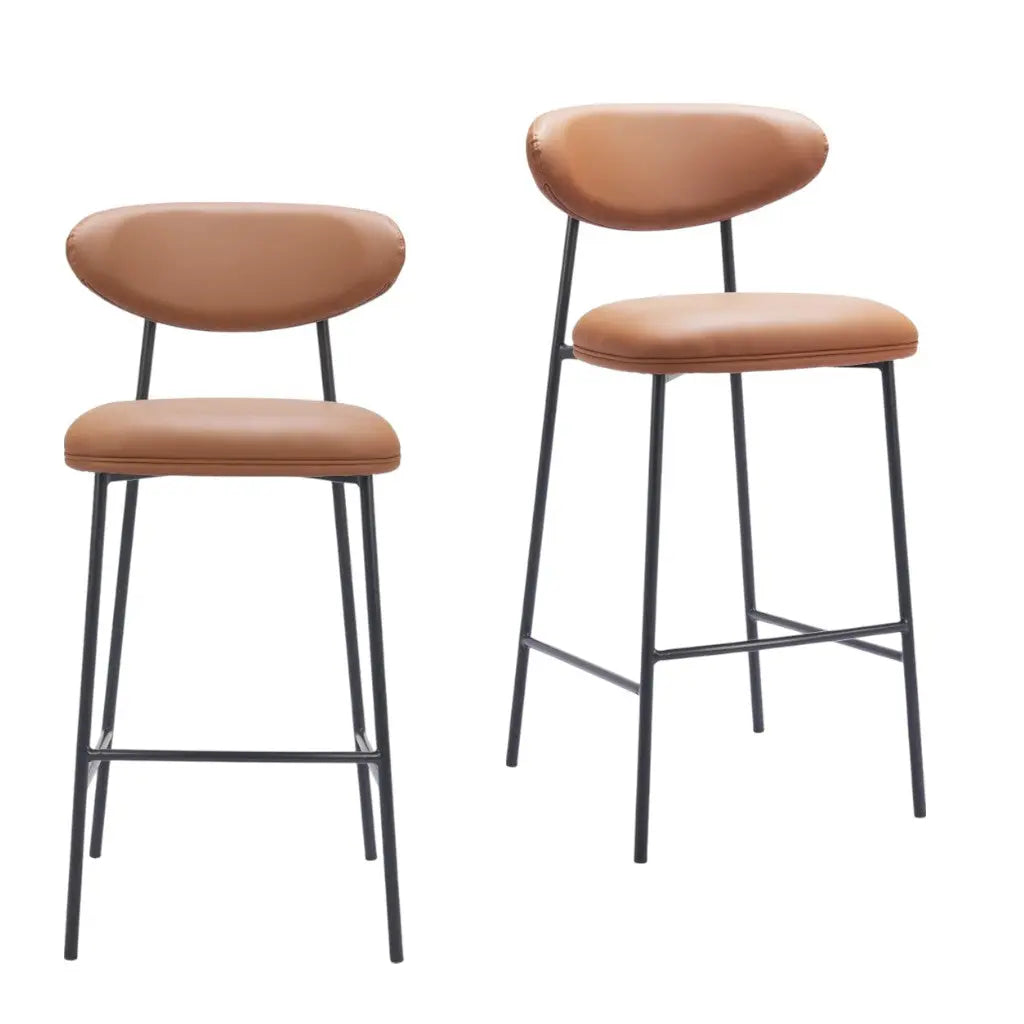 Set of Two 29" Brown and Black Faux Leather and Steel Low Back Bar Height Bar Chairs Homeroots Living Room
