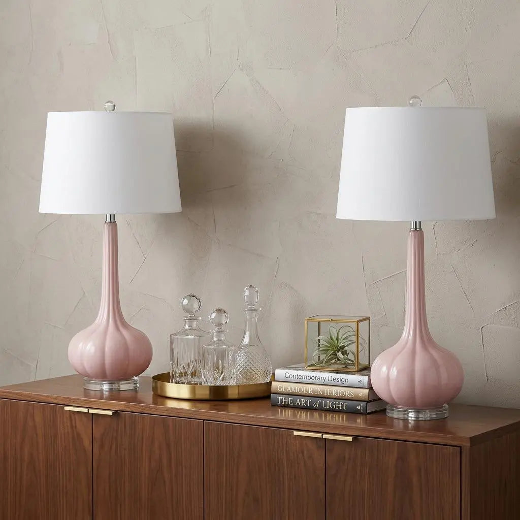 Set of Two 29" Clear Novelty Table Lamps With Drum Shades Homeroots Lighting