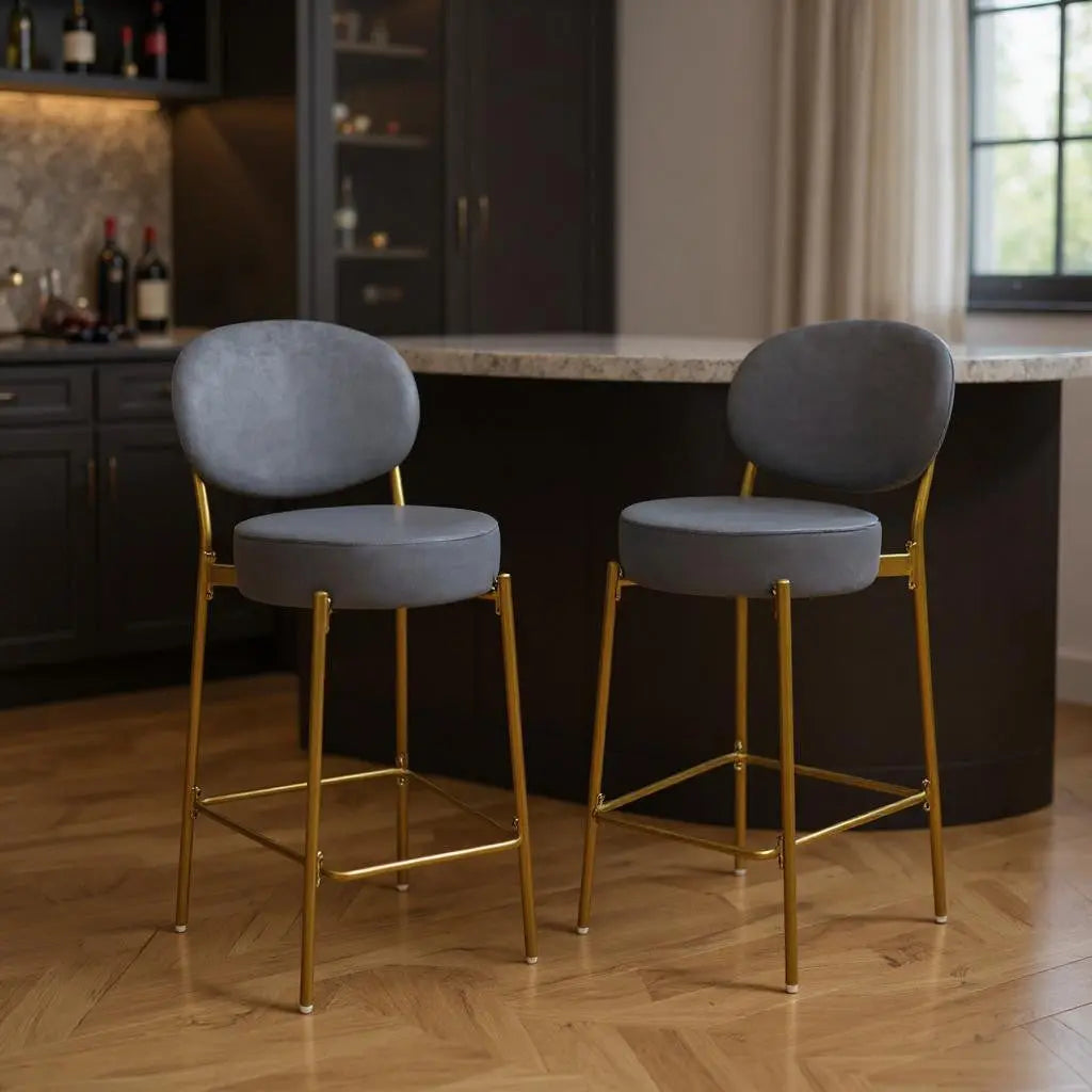 Set of Two 29" Gray and Gold Velvet and Metal Low Back Bar Height Bar Chairs Homeroots Living Room