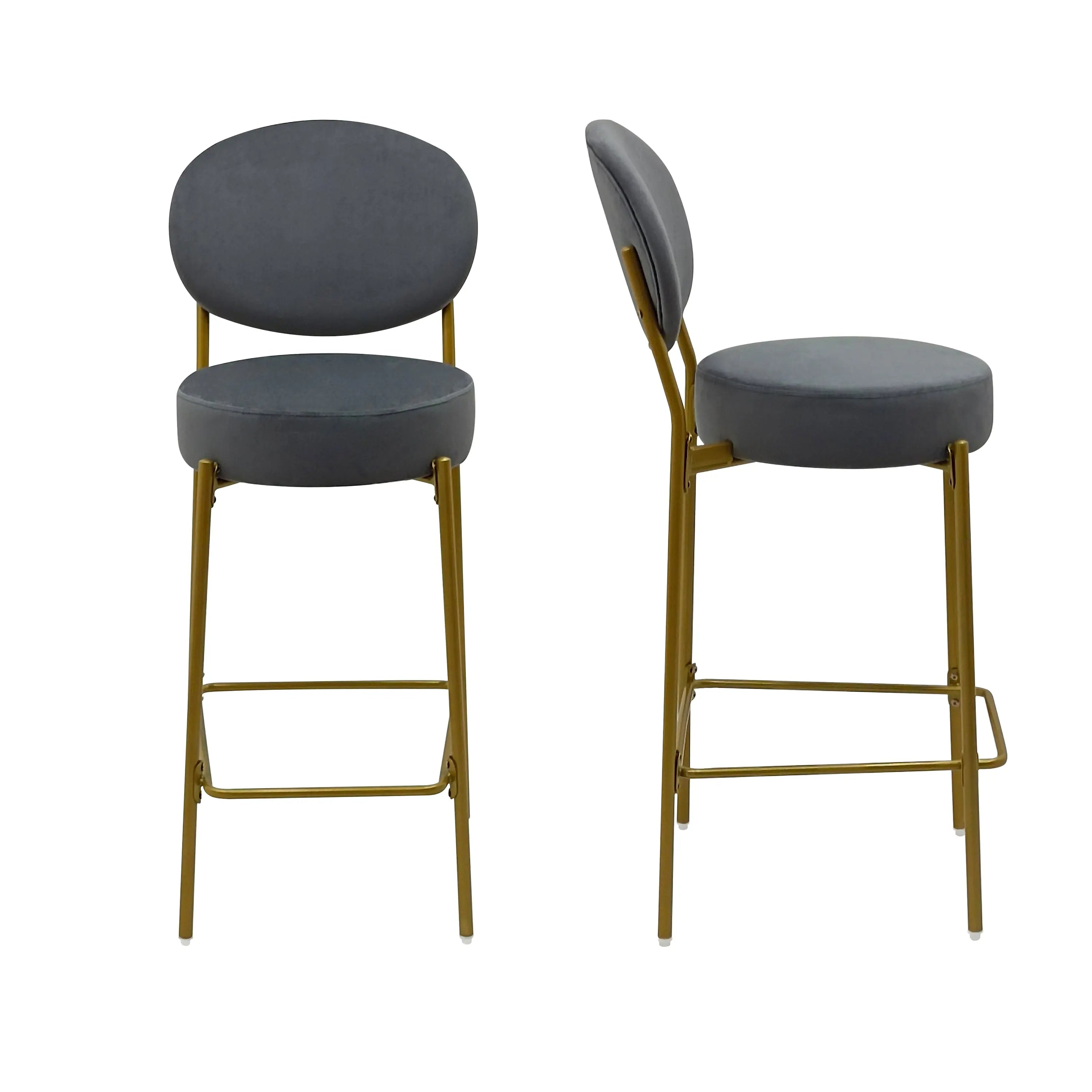 Set of Two 29" Gray and Gold Velvet and Metal Low Back Bar Height Bar Chairs Homeroots Living Room