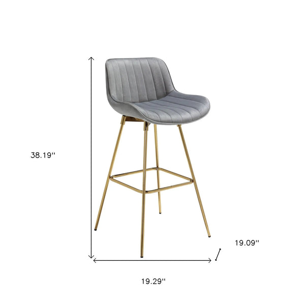 Set of Two 29" Gray and Gold Velvet and Metal Low Back Bar Height Swivel Bar Chairs - GreatEagleInc