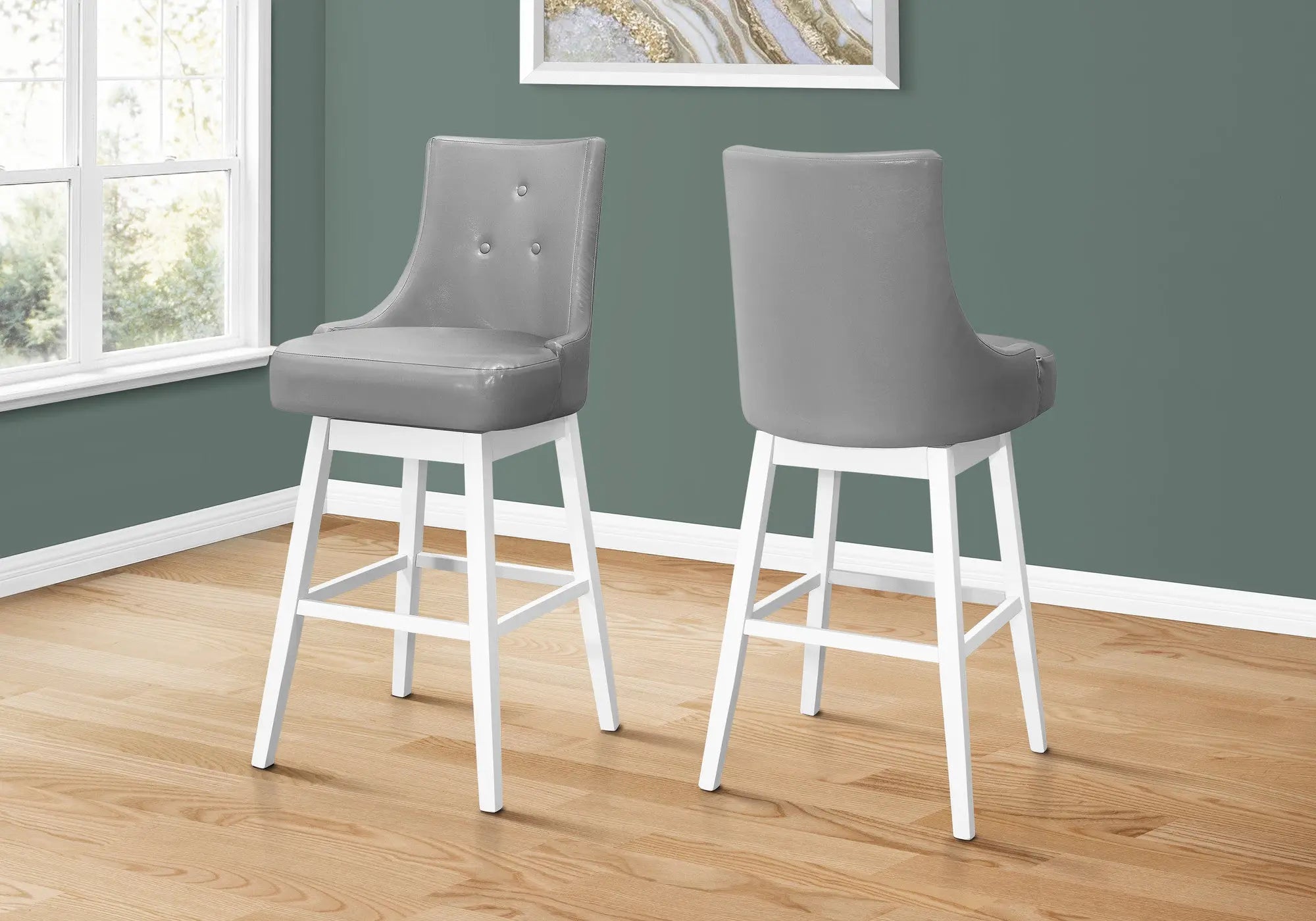 Set of Two 29" Gray and White Faux Leather and Solid Wood Bar Height Swivel Bar Chairs Homeroots Living Room