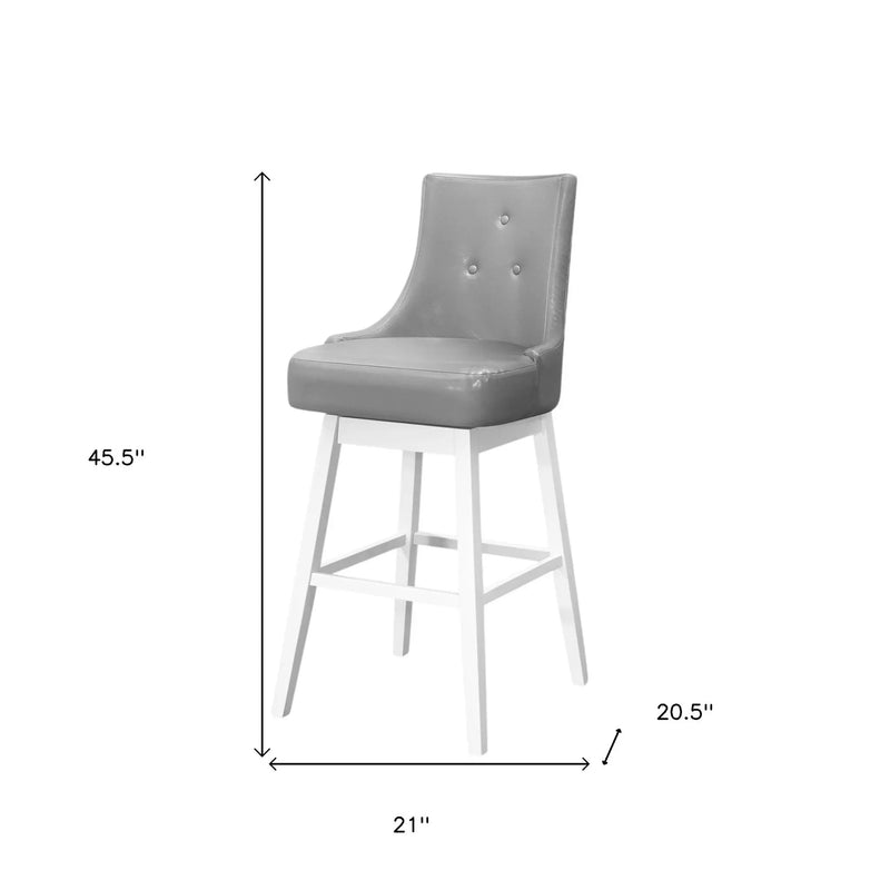 Set of Two 29" Gray and White Faux Leather and Solid Wood Bar Height Swivel Bar Chairs Homeroots Living Room
