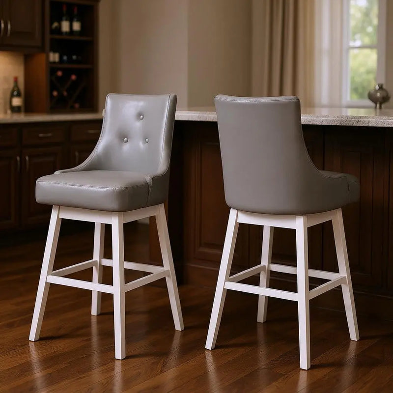 Set of Two 29" Gray and White Faux Leather and Solid Wood Bar Height Swivel Bar Chairs Homeroots Living Room