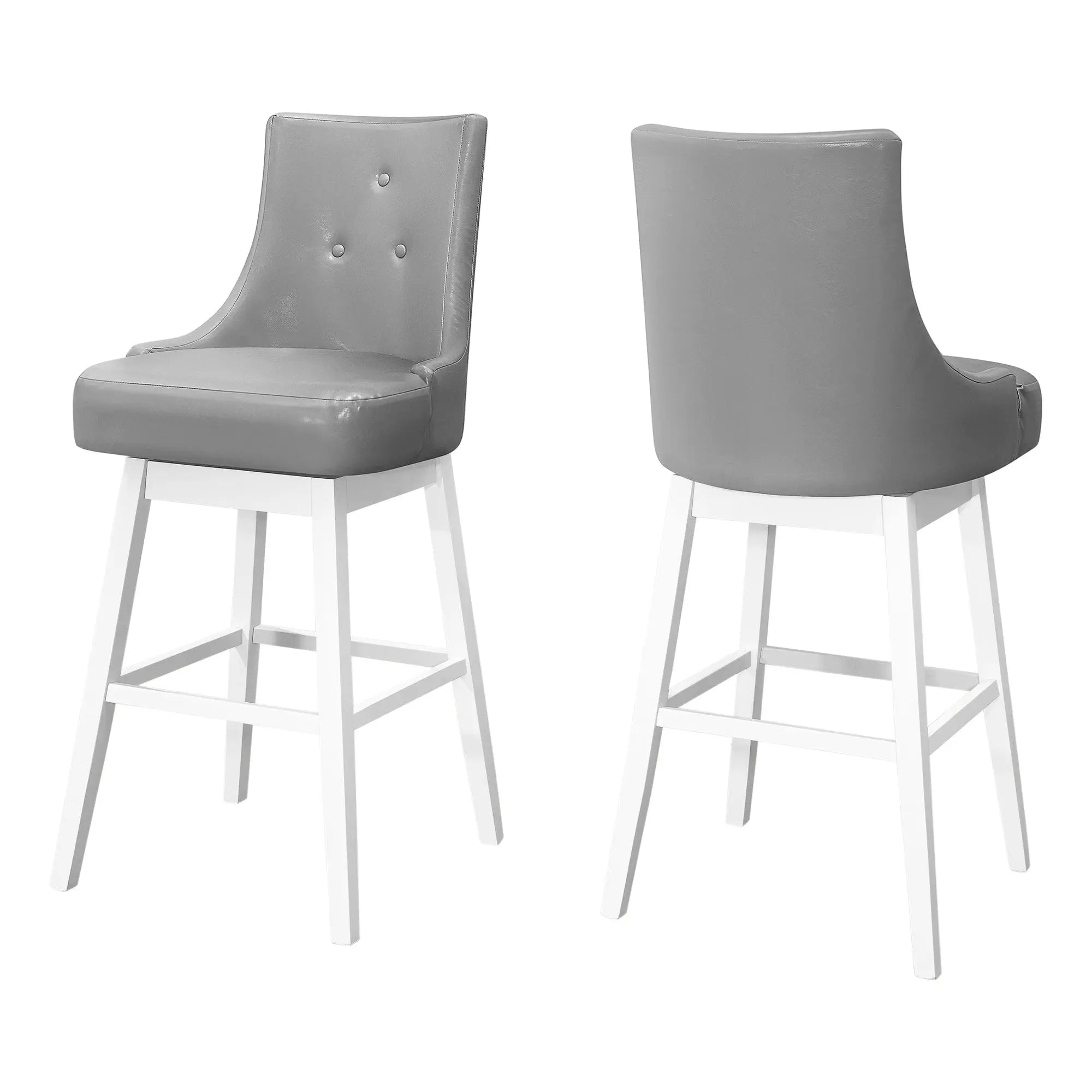 Set of Two 29" Gray and White Faux Leather and Solid Wood Bar Height Swivel Bar Chairs Homeroots Living Room