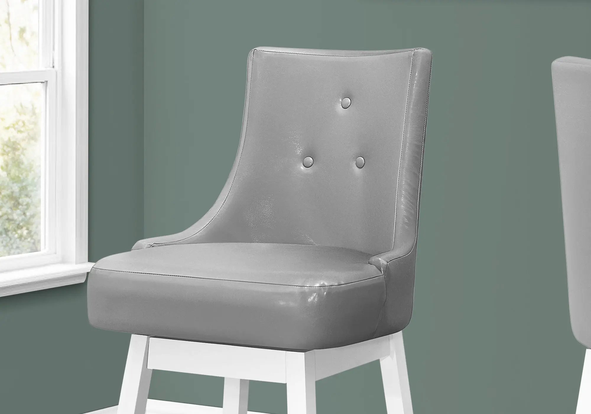Set of Two 29" Gray and White Faux Leather and Solid Wood Bar Height Swivel Bar Chairs Homeroots Living Room
