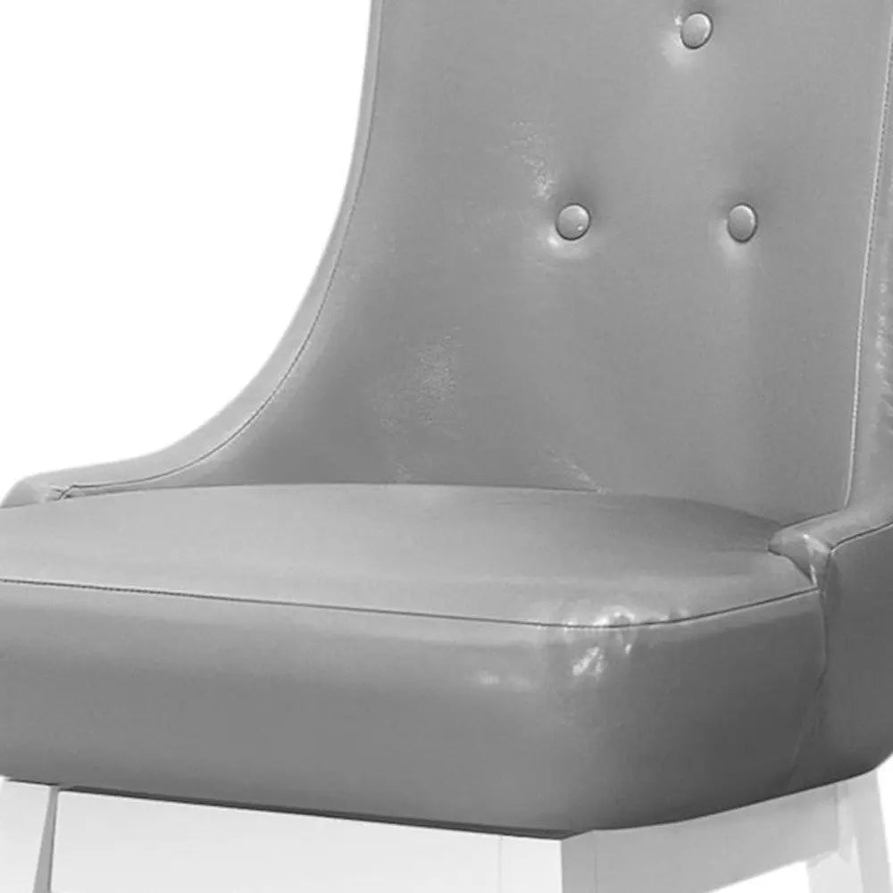 Set of Two 29" Gray and White Faux Leather and Solid Wood Bar Height Swivel Bar Chairs Homeroots Living Room