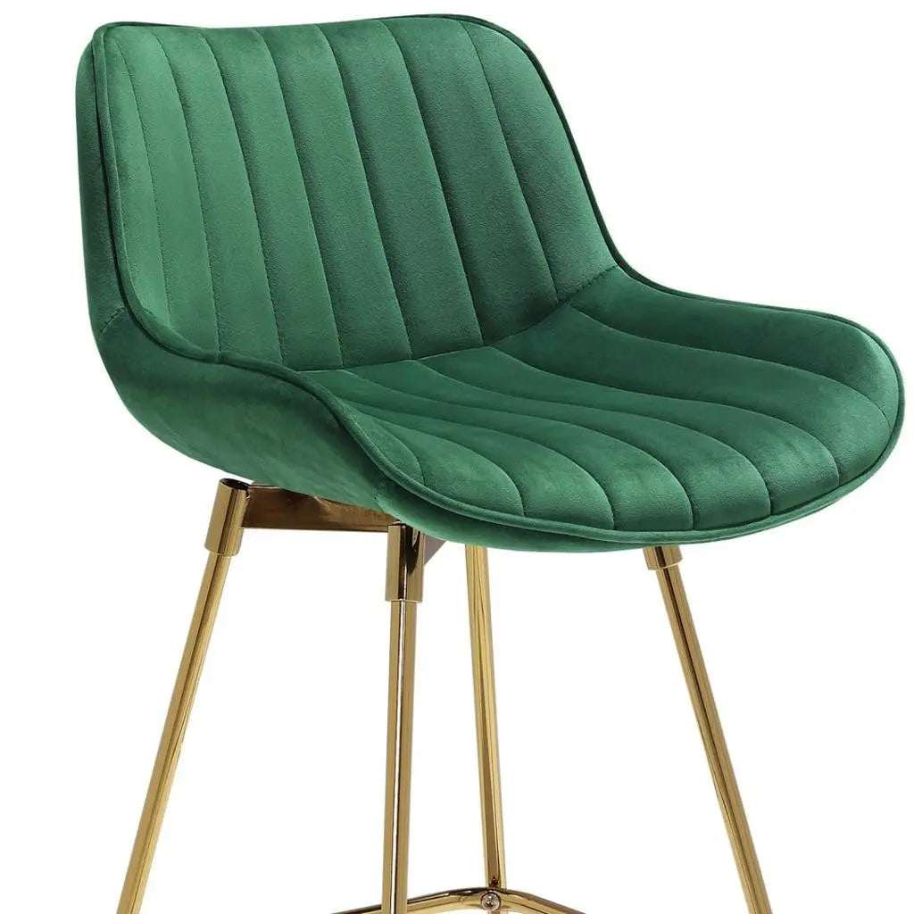 Set of Two 29" Green and Gold Velvet and Metal Low Back Bar Height Swivel Bar Chairs Homeroots Living Room