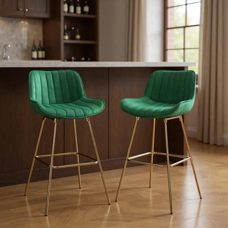Set of Two 29" Green and Gold Velvet and Metal Low Back Bar Height Swivel Bar Chairs Homeroots Living Room