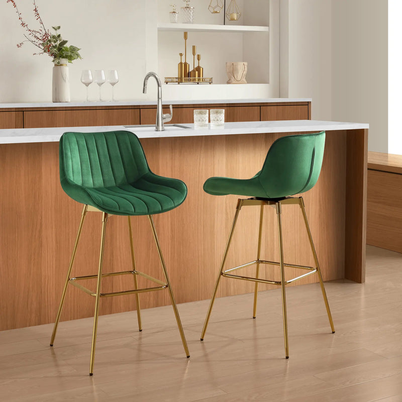 Set of Two 29" Green and Gold Velvet and Metal Low Back Bar Height Swivel Bar Chairs Homeroots Living Room