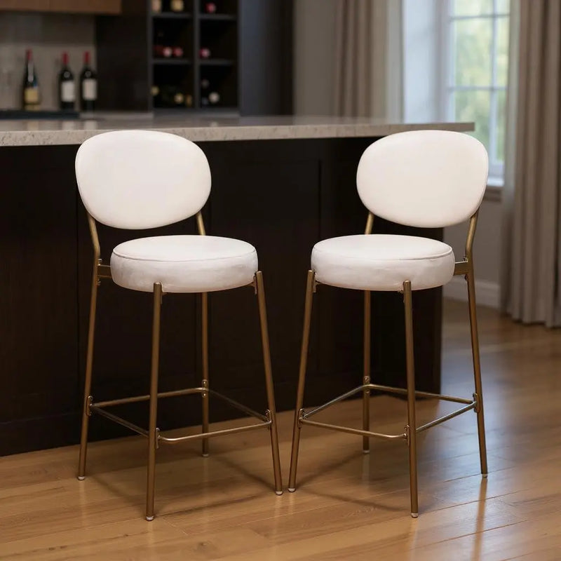 Set of Two 29" White and Gold Velvet and Metal Low Back Bar Height Bar Chairs Homeroots Living Room