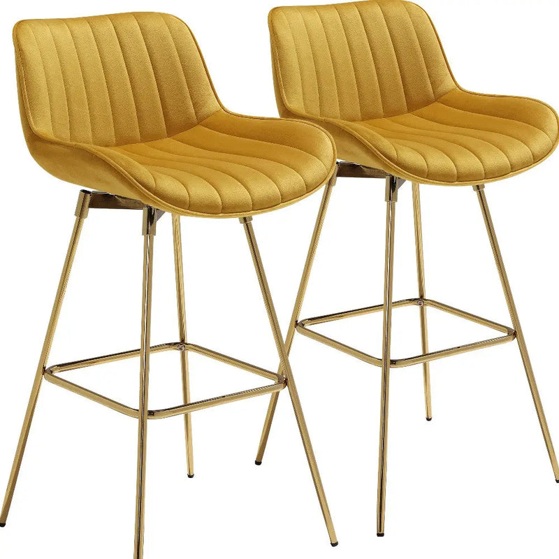 Set of Two 29" Yellow and Gold Velvet and Metal Low Back Bar Height Swivel Bar Chairs Homeroots Living Room