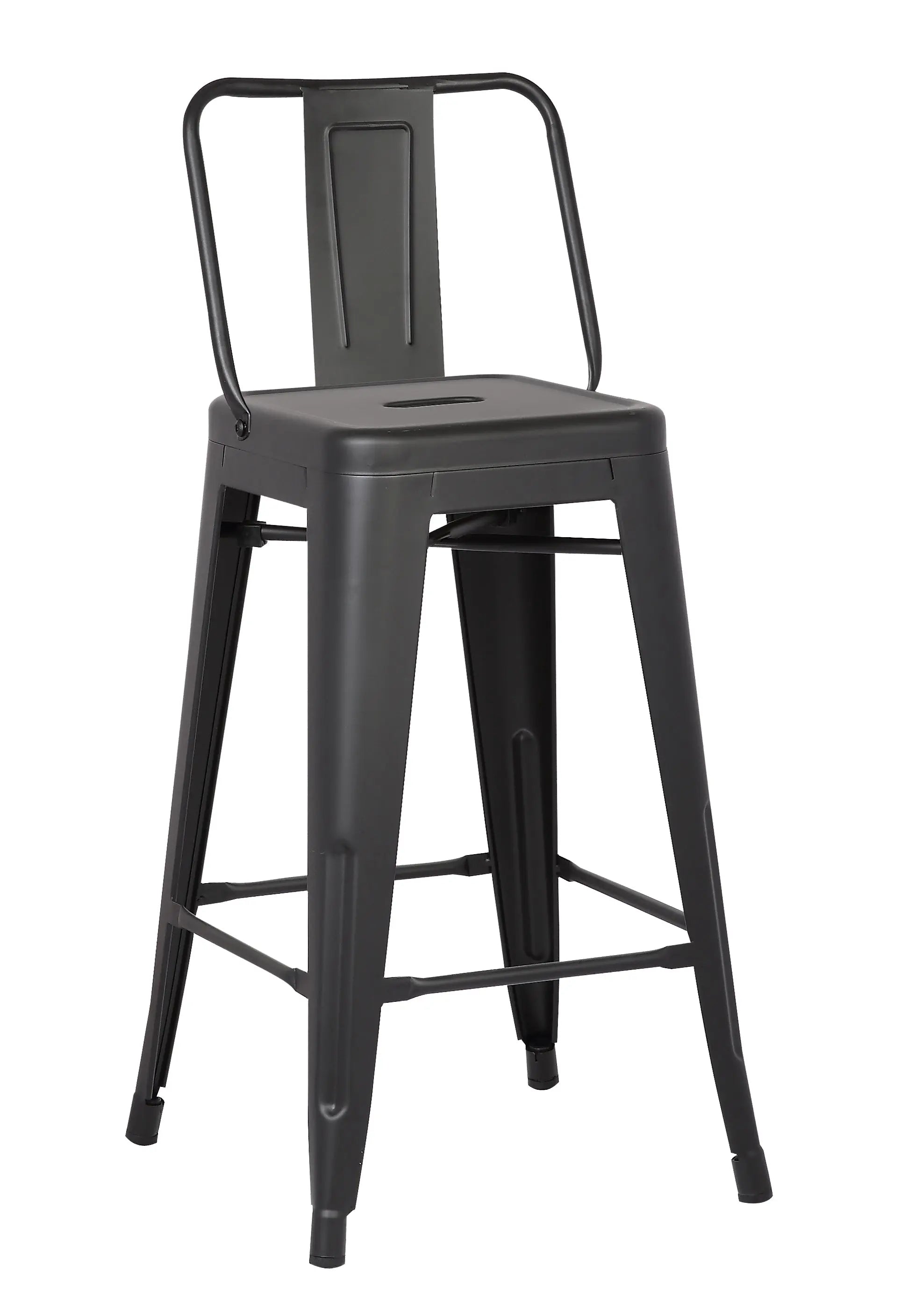 Black metal bar stool with a modern design and a sturdy backrest, perfect for contemporary dining spaces.