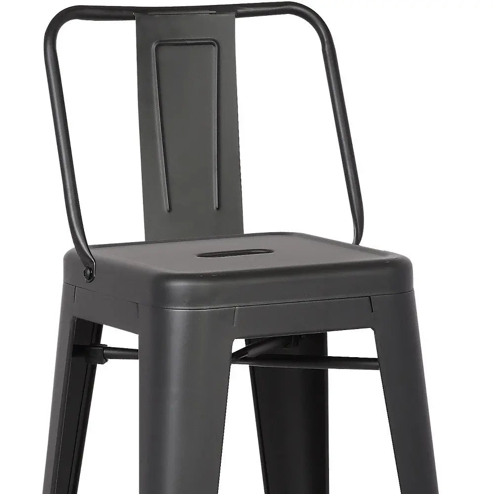 Black metal bar stool with a sleek design, featuring a square seat and backrest for modern dining spaces.