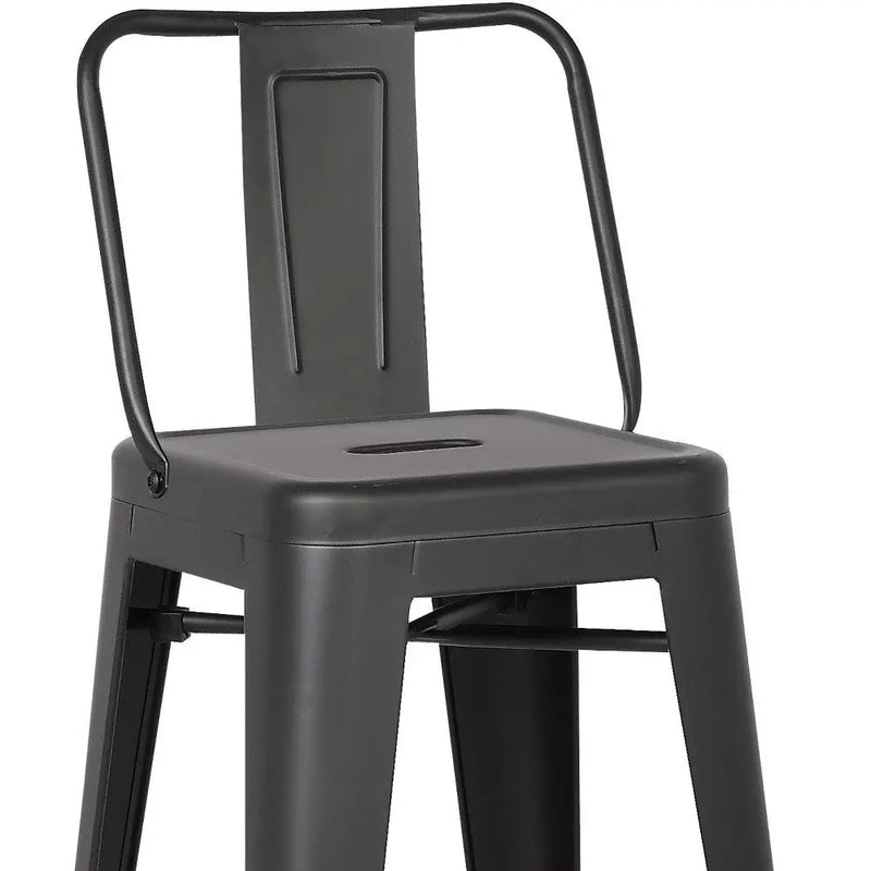 Black metal bar stool with a sleek design, featuring a square seat and backrest for modern dining spaces.
