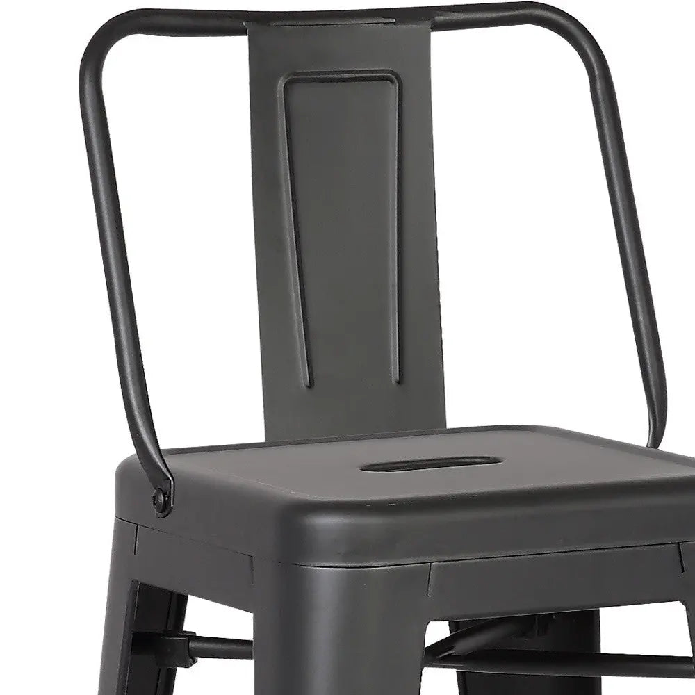 Black metal dining chair with a minimalist design and sturdy straight-back, perfect for modern interiors.