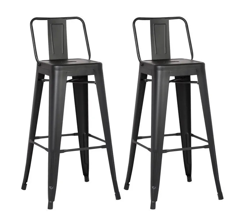 Set of 2 black metal bar stools, industrial style, featuring a high back and sturdy legs.