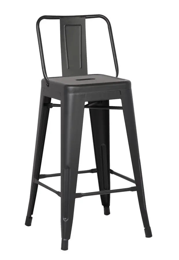 Black metal bar stool with a sleek industrial design and open back for modern home or commercial use.