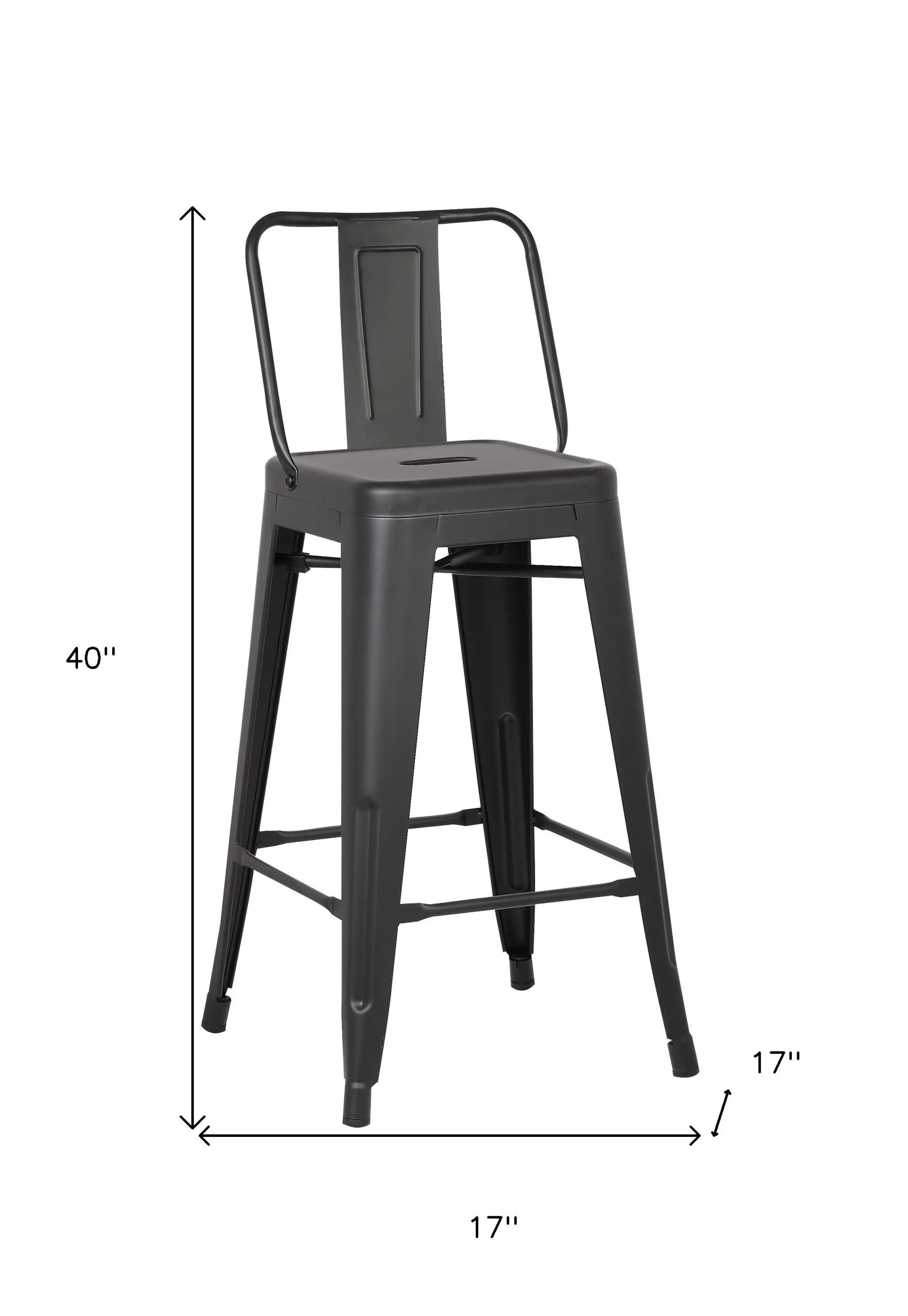 Black metal bar stool with a modern industrial design, 40 inches tall and 17 inches wide, perfect for kitchen islands.