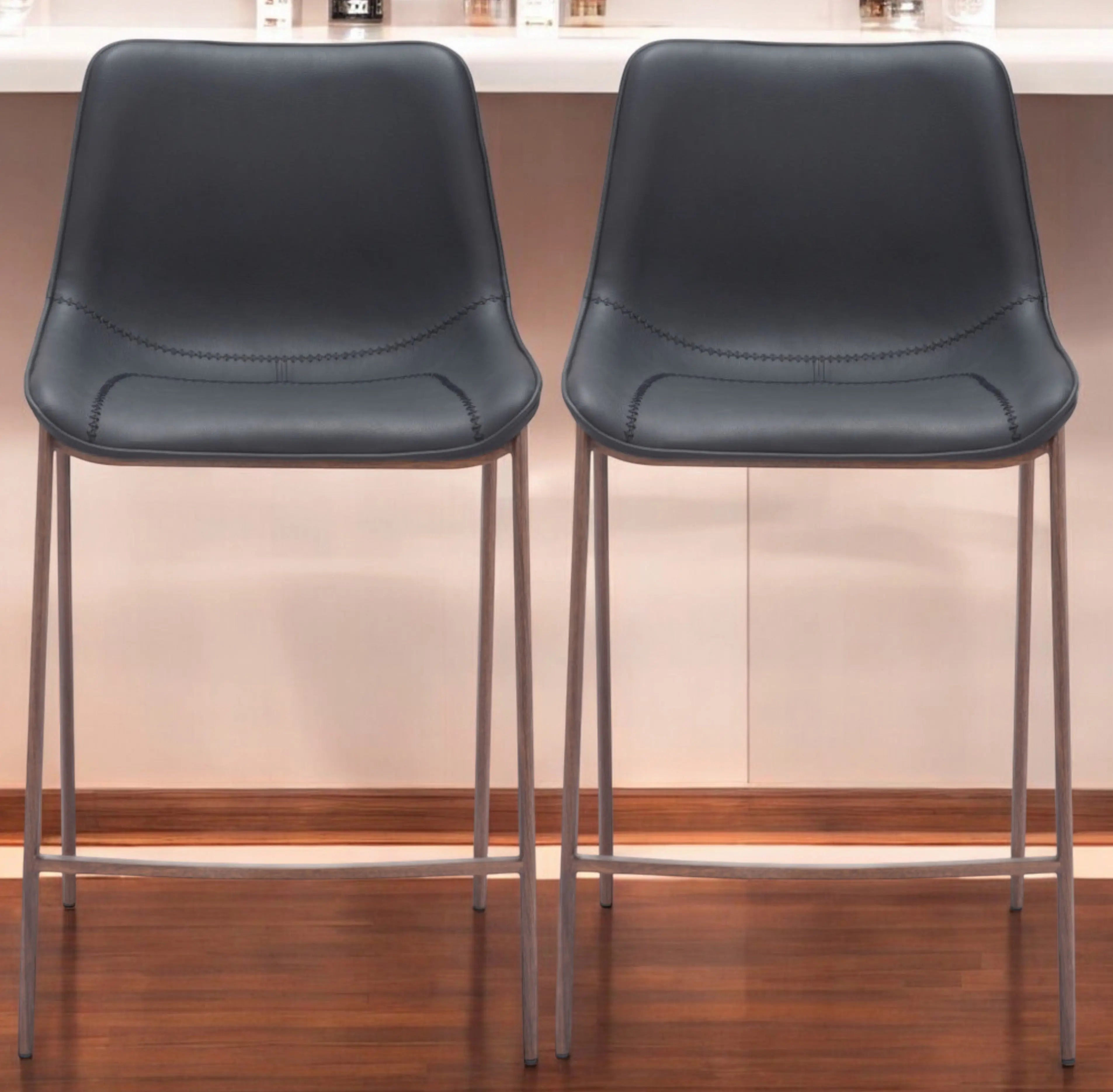 Set of Two 30" Black And Brown Faux Leather And Steel Bar Height Bar Chairs Homeroots Living Room