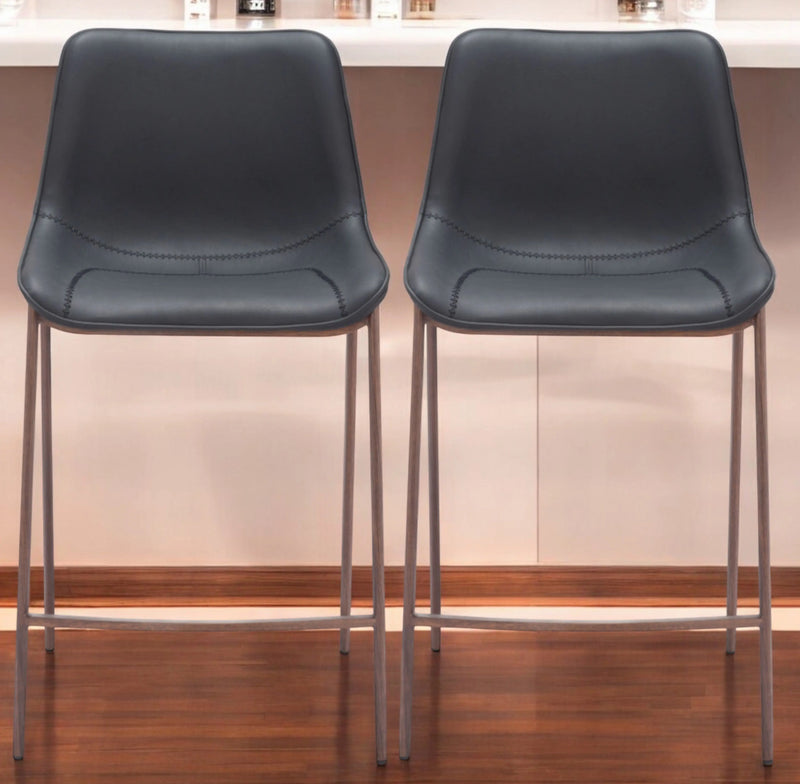 Set of Two 30" Black And Brown Faux Leather And Steel Bar Height Bar Chairs Homeroots Living Room
