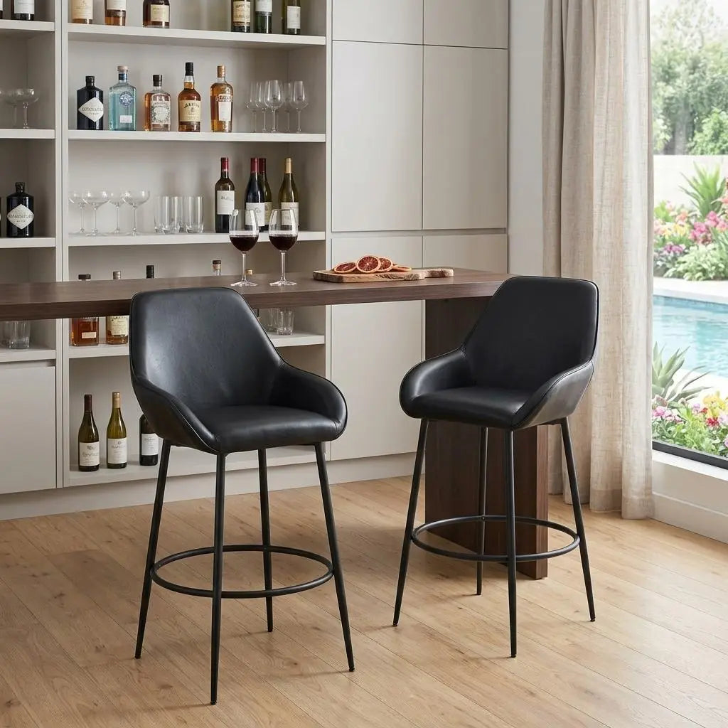 Set of Two 30" Black Faux Leather And Steel Bar Height Bar Chairs Homeroots Living Room