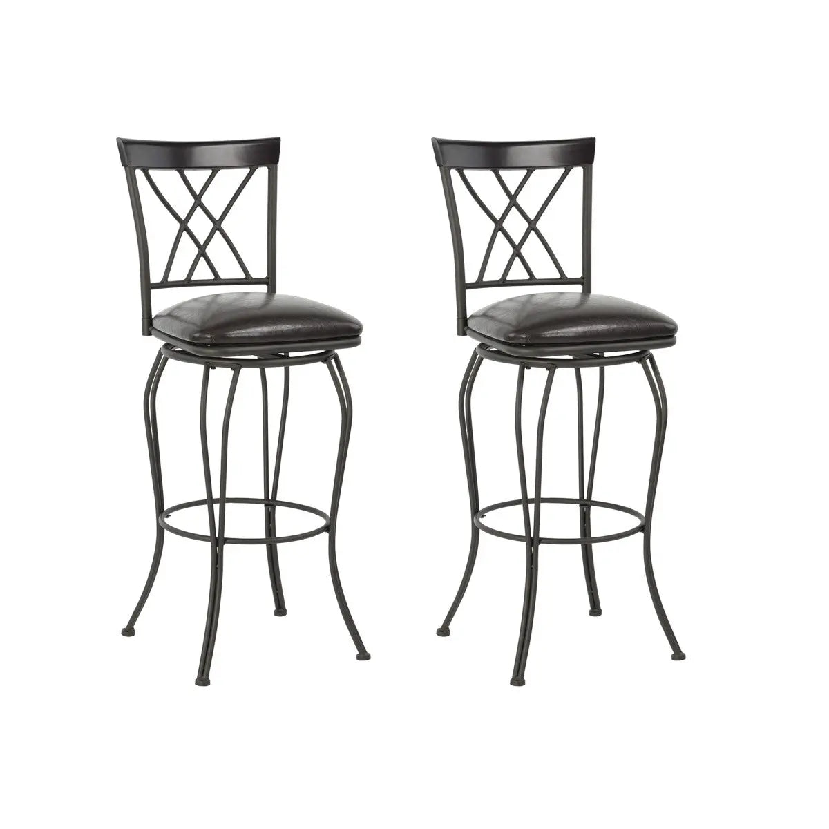 Set of Two 30" Black Faux Leather And Steel Swivel Bar Height Bar Chairs Homeroots Living Room