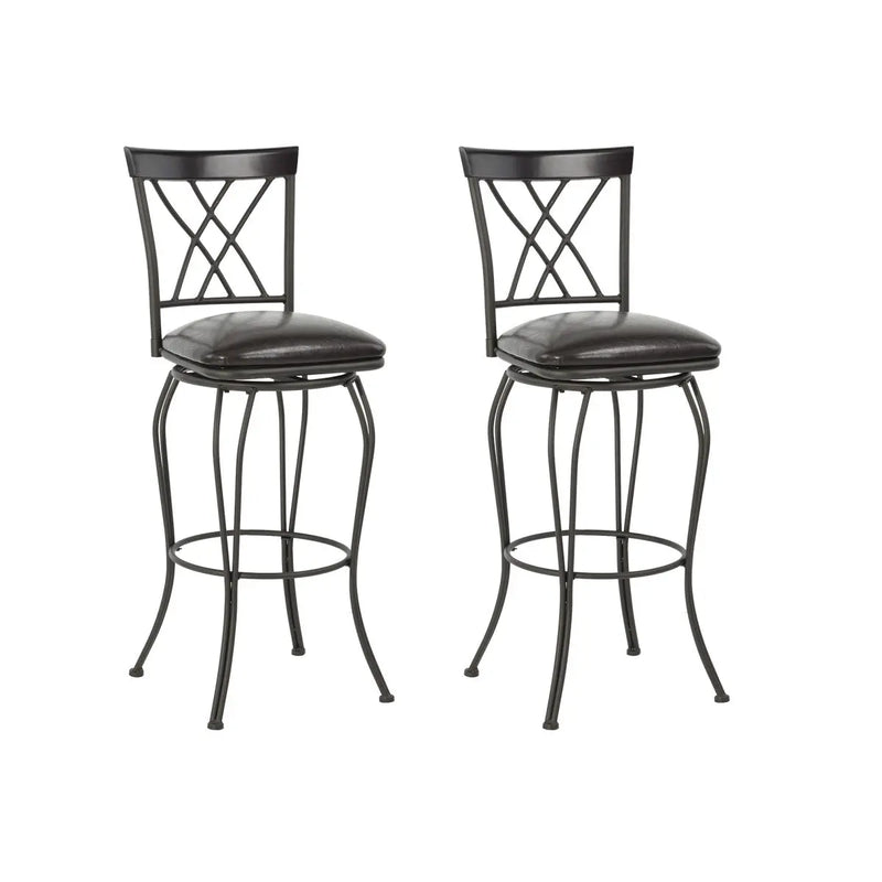 Set of Two 30" Black Faux Leather And Steel Swivel Bar Height Bar Chairs Homeroots Living Room
