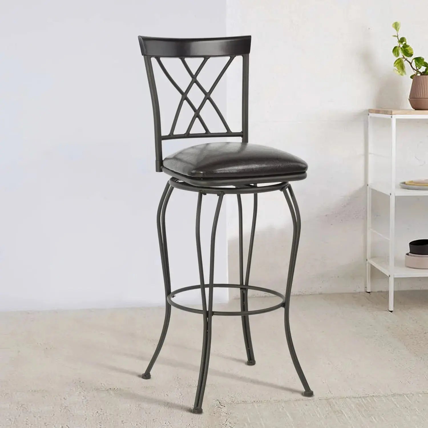 Set of Two 30" Black Faux Leather And Steel Swivel Bar Height Bar Chairs Homeroots Living Room